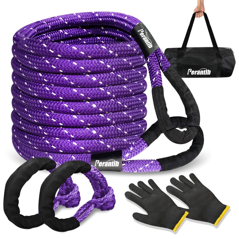 Kinetic Energy Recovery Rope 1 x 20ftwith Soft Shackle and GloveLinetic Light Reflecting Tow Rope for 4WD Pick Up Truck SUV ATV UTV